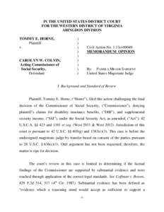 IN THE UNITED STATES DISTRICT COURT FOR THE WESTERN DISTRICT OF VIRGINIA ABINGDON DIVISION TOMMY E. HORNE, Plaintiff v.