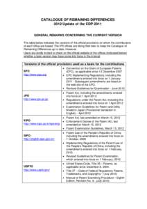 CATALOGUE OF REMAINING DIFFERENCES 2012 Update of the CDP 2011 GENERAL REMARKS CONCERNING THE CURRENT VERSION The table below indicates the versions of the official provisions on which the contributions of each office ar