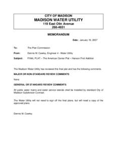 CITY OF MADISON  MADISON WATER UTILITY 119 East Olin Avenue[removed]MEMORANDUM