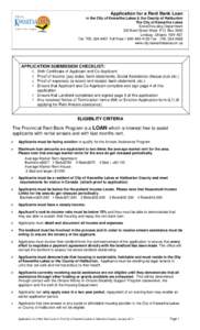 Application for a Rent Bank Loan in the City of Kawartha Lakes & the County of Haliburton The City of Kawartha Lakes Social Housing Department 322 Kent Street West, P.O. Box 2600 Lindsay, Ontario K9V 4S7