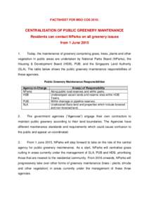 FACTSHEET FOR MSO COS 2015:  CENTRALISATION OF PUBLIC GREENERY MAINTENANCE Residents can contact NParks on all greenery issues from 1 June[removed].