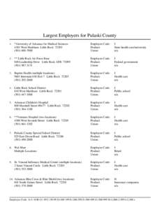 Largest Employers for Pulaski County 1 . *University of Arkansas for Medical Sciences 4301 West Markham Little Rock[removed]7000 2 . ** Little Rock Air Force Base