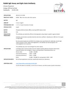 Rabbit IgG-heavy and light chain Antibody Chicken Polyclonal Antigen Affinity Purified Catalog No. A120-119A