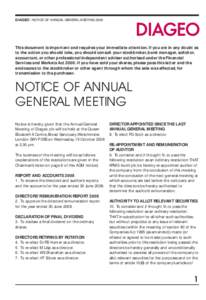 DIAGEO | NOTICE OF ANNUAL GENERAL MEETING[removed]This document is important and requires your immediate attention. If you are in any doubt as to the action you should take, you should consult your stockbroker, bank manage