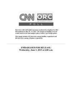 Interviews with 1,025 adult Americans conducted by telephone by ORC International on May, 2015. The margin of sampling error for results based on the total sample is plus or minus 3 percentage points. This sample