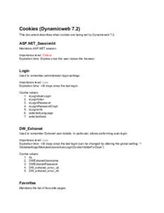 Cookies (Dynamicweb 7.2) This document describes what cookies are being set by Dynamicweb 7.2. ASP.NET_SessionId Maintains ASP.NET session. Importance level: Critical.
