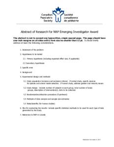 _____________________________________________________________________________________________  Abstract of Research for NRP Emerging Investigator Award The abstract is not to exceed one typewritten, single-spaced page. T