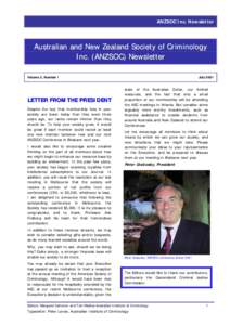 ANZSOC Inc. Newsletter  Australian and New Zealand Society of Criminology Inc. (ANZSOC) Newsletter Volume 2, Number 1