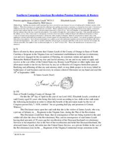 Southern Campaign American Revolution Pension Statements & Rosters Pension application of James Leach 1 W5313 Transcribed by Will Graves Elizabeth Leach