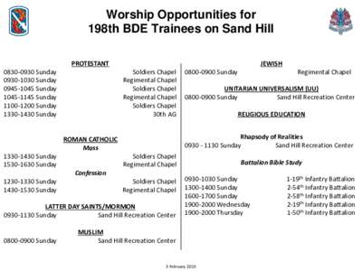 Worship Opportunities for 198th BDE Trainees on Sand Hill PROTESTANTSundaySunday