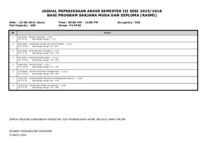 JADUAL PEPERIKSAAN AKHIR SEMESTER III SESIBAGI PROGRAM SARJANA MUDA DAN DIPLOMA (RASMI) Date : Sun) Full Capacity : 650  Time : 09:00 AM - 12:00 PM