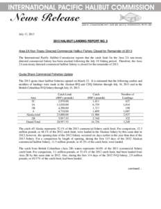 July 17, HALIBUT LANDING REPORT NO. 5 Area 2A Non-Treaty Directed Commercial Halibut Fishery Closed for Remainder of 2013 The International Pacific Halibut Commission reports that the catch limit for the Area 2