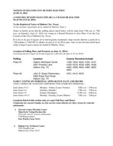 NOTICE OF HALTOM CITY RUNOFF ELECTION JUNE 21, 2014 (AVISO DEL RUNOFF ELECCIÓN DE LA CIUDAD DE HALTOM