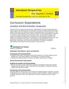 Curriculum Expectations Canadian and World Studies: Geography GEOGRAPHY OF CANADA GRADE 9, ACADEMIC