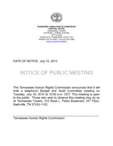 TENNESSEE HUMAN RIGHTS COMMISSION CENTRAL OFFICE TENNESSEE TOWER 312 ROSA L. PARKS AVENUE RD 23 FLOOR