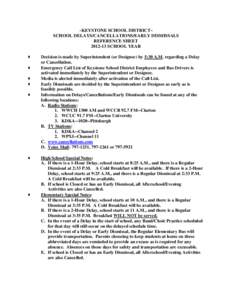~KEYSTONE SCHOOL DISTRICT~ SCHOOL DELAYS/CANCELLATIONS/EARLY DISMISSALS REFERENCE SHEET[removed]SCHOOL YEAR  