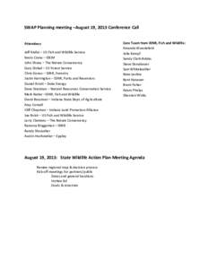 SWAP Planning meeting –August 19, 2013 Conference Call Attendees: Jeff Kiefer – US Fish and Wildlife Service Kevin Crane – IDEM John Shuey – The Nature Conservancy Gary Dinkel – US Forest Service