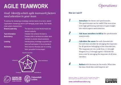AGILE TEAMWORK Goal: Identify which agile teamwork factors need attention in your team To address the increasingly knowledge-oriented nature of our work, modern organisations increasingly work in self-managing project te