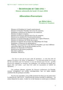 http://www.asmp.fr - Académie des sciences morales et politiques.  «ÊBicentenaire du Code civilÊ» Séance solennelle du lundi 15 marsAllocution d’ouverture