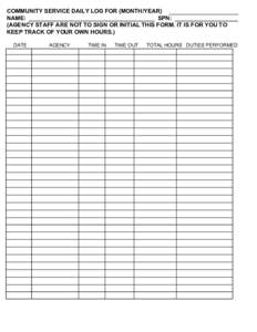 COMMUNITY SERVICE DAILY LOG FOR (MONTH/YEAR) NAME: SPN: (AGENCY STAFF ARE NOT TO SIGN OR INITIAL THIS FORM. IT IS FOR YOU TO KEEP TRACK OF YOUR OWN HOURS.) DATE