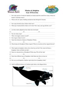 Whales & Dolphins Year 10 Exercise 1. How many species of whales & dolphins are found around the world? How many of these are found in Australian waters?_____________________________________________________ 2. What are t