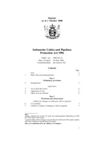 Reprint as at 1 October 2008 Submarine Cables and Pipelines Protection Act 1996 Public Act