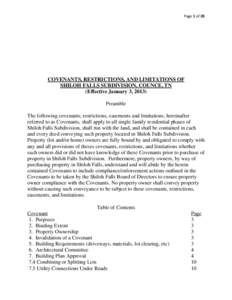 Page 1 of 20  COVENANTS, RESTRICTIONS, AND LIMITATIONS OF SHILOH FALLS SUBDIVISION, COUNCE, TN (Effective January 3, 2013) Preamble