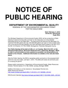 Notice of Public Hearing - Renewal of the Groundwater Discharge Permit for the Eagle Mine