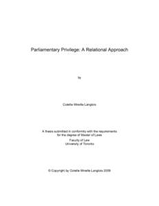 Parliamentary Privilege: A Relational Approach  by Colette Mireille Langlois