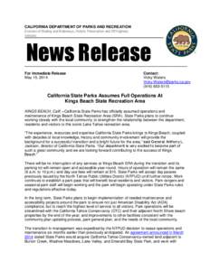 CALIFORNIA DEPARTMENT OF PARKS AND RECREATION Divisions of Boating and Waterways, Historic Preservation and Off-Highway Vehicles News Release For Immediate Release