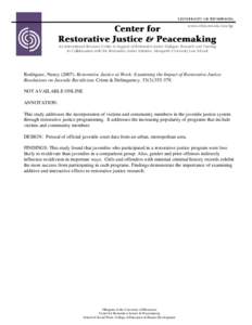 www.cehd.umn.edu/ssw/rjp  ` Center for Restorative Justice & Peacemaking