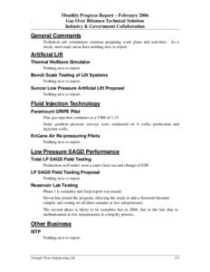 ,  Monthly Progress Report – February 2006 Gas Over Bitumen Technical Solution Industry & Government Collaboration