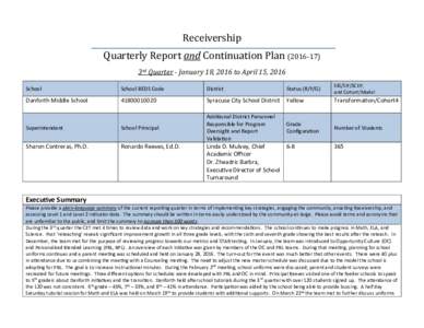 Receivership Quarterly Report and Continuation Plan3rd Quarter - January 18, 2016 to April 15, 2016 School  School BEDS Code