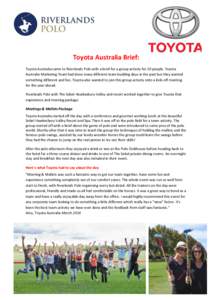 Toyota Australia Brief: Toyota Australia came to Riverlands Polo with a brief for a group activity for 20 people. Toyota Australia Marketing Team had done many different team building days in the past but they wanted som