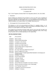 ANNUAL INFORMATION UPDATE (AIU) FOR RYANAIR HOLDINGS PLC In compliance with Part 11 of the Prospectus (DirectiveEC) RegulationsS.I. No. 324 ofIntroduction Ryanair Holdings plc published its Annu