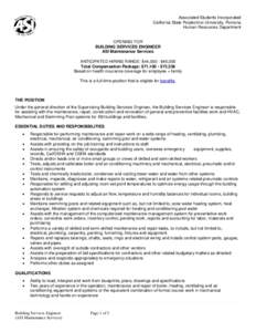 Associated Students Incorporated California State Polytechnic University, Pomona Human Resources Department OPENING FOR BUILDING SERVICES ENGINEER