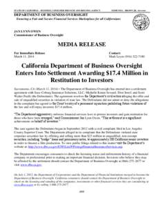 California Business, Consumer Services & Housing Agency - Department of Business Oversight Enters Into Settlement Awarding $17.4 Million in Restitution to Investors