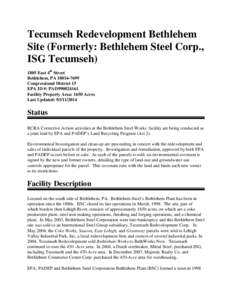 Region 3 GPRA Baseline RCRA Corrective Action Facility  Tecumseh Redevelopment Bethlehem Site (Formerly: Bethlehem Steel Corp., ISG Tecumseh)   PAD990824161