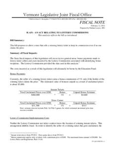 Vermont Legislative Joint Fiscal Office 1 Baldwin Street  Montpelier, VT[removed]  ([removed]  Fax: ([removed]FISCAL NOTE February 12, 2014 Prepared by Nathan Lavery, JFO