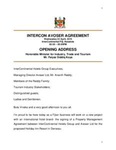 1  INTERCON AVOSER AGREEMENT Wednesday 22 April, 2015 InterContinental Fiji, Natadola 03:30 – 05:00PM