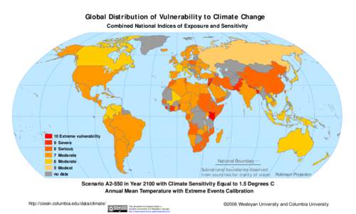 Global Distribution of Vulnerability to Climate Change Combined National Indices of Exposure and Sensitivity 10 Extreme vulnerability 9 Severe 8 Serious