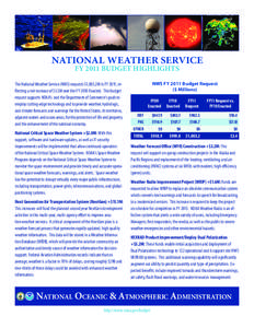 National Weather Service FY 2011 Budget Highlights The National Weather Service (NWS) requests $1,003.2M in FY 2011, reflecting a net increase of $3.3M over the FY 2010 Enacted. This budget request supports NOAA’s and 