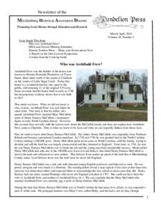 Newsletter of the  Mecklenburg Historical Association Docents Promoting Local History through Education and Research March-April, 2010 Volume 16, Number 2