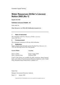Australian Capital Territory  Water Resources (Driller’s Licence) Notice[removed]No 1) Register No E5-05