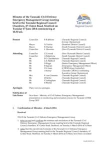 Minutes of the Taranaki Civil Defence Emergency Management Group meeting held in the Taranaki Regional Council Chambers, 47 Cloten Road, Stratford on Tuesday 17 June 2014 commencing at[removed]am.