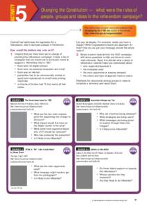 5  Changing the Constitution — what were the roles of people, groups and ideas in the referendum campaign? This activity helps students explore the material in the Campaigning for a YES vote section of the website