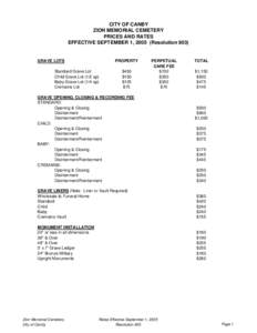 CITY OF CANBY ZION MEMORIAL CEMETERY PRICES AND RATES EFFECTIVE SEPTEMBER 1, 2005 (ResolutionGRAVE LOTS