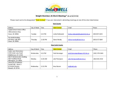 Weight Watchers At-Work Meetings* (As of[removed]Please reach out to the designated “State Contact” if you are interested in attending meetings at one of the sites listed below: Kent County Address Capital School D