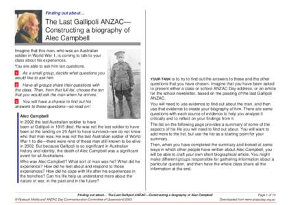 Finding out about…  The Last Gallipoli ANZAC— Constructing a biography of Alec Campbell Imagine that this man, who was an Australian