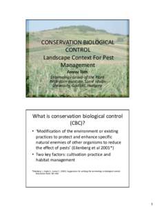 CONSERVATION BIOLOGICAL CONTROL Landscape Context For Pest Management Ferenc Tóth Entomology Group of the Plant
